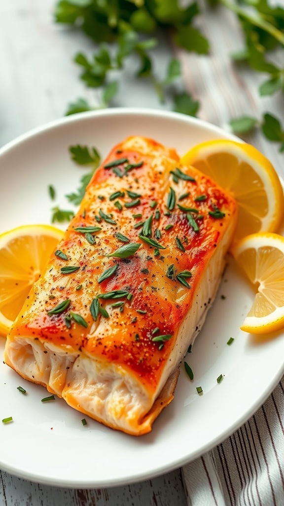 Air fryer salmon fillet garnished with herbs and lemon wedges on a white plate.